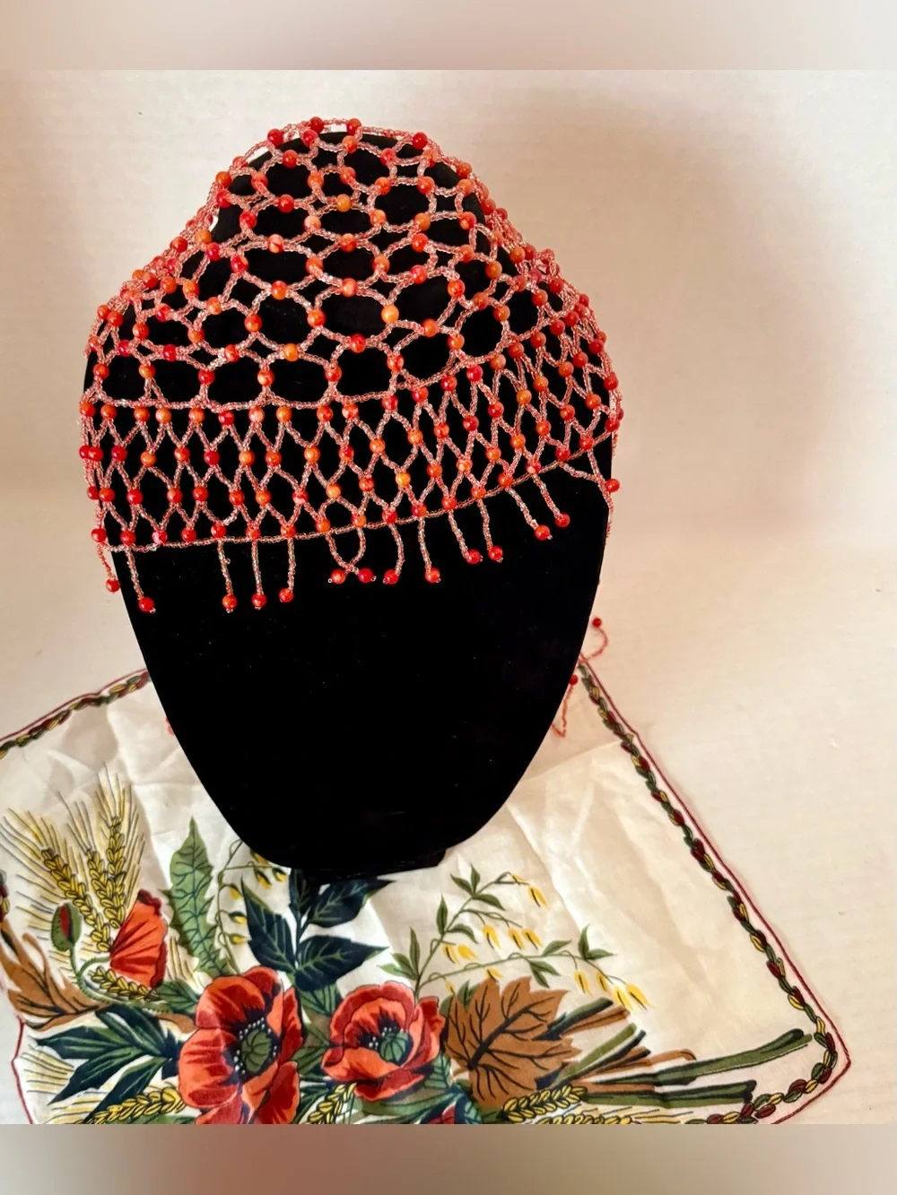 Handmade Red Beaded Fringe Headscarf